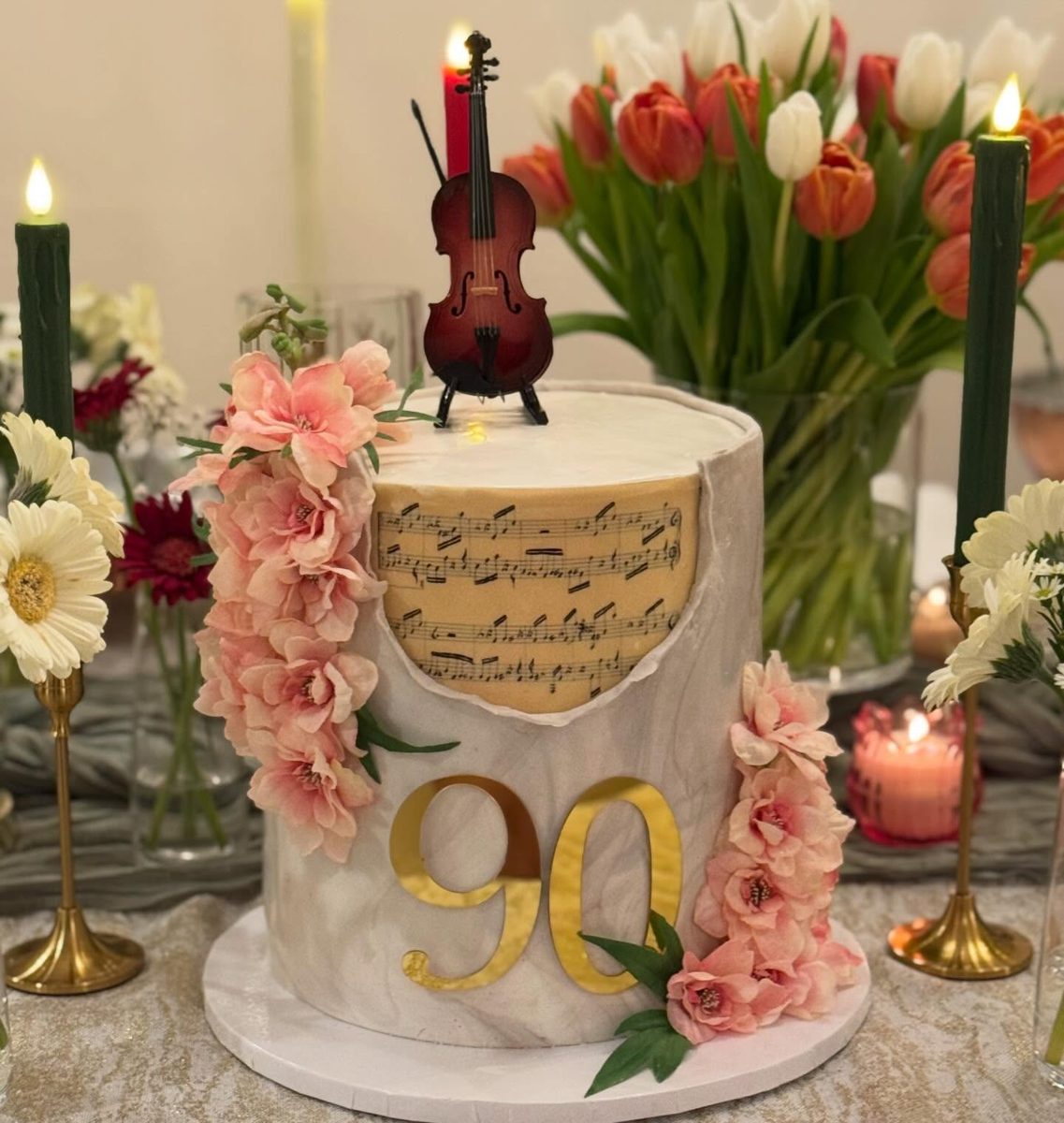 Violin Cake with Pink Flower Cascades from Tarzana Bakery