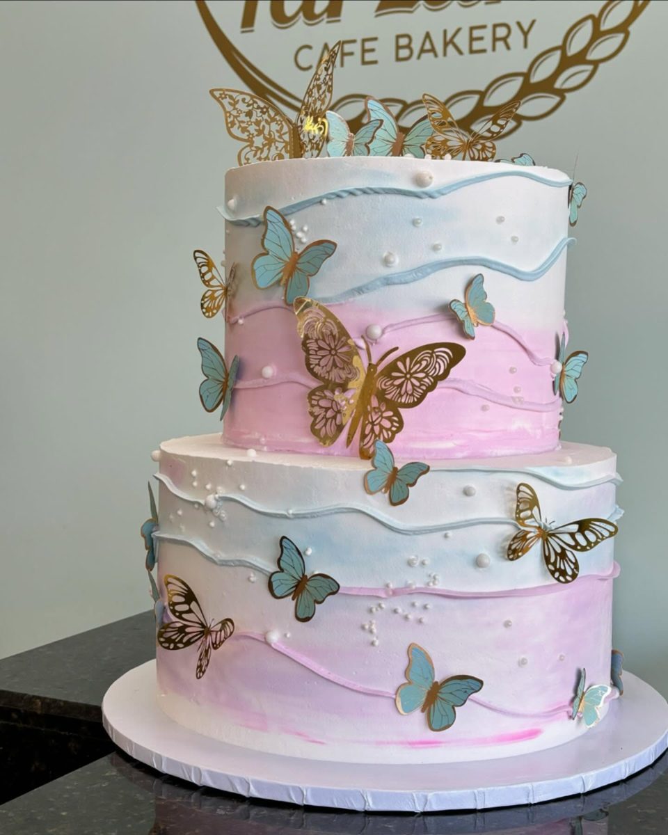 Pastel Tiered Cake With Gold Butterflies from Tarzana Bakery