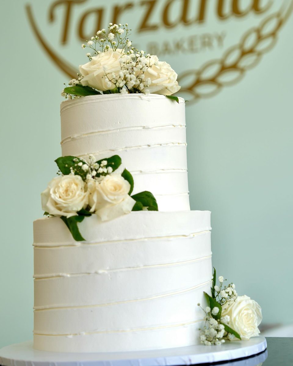 White Tiered Cake With Rose Clusters from Tarzana Bakery