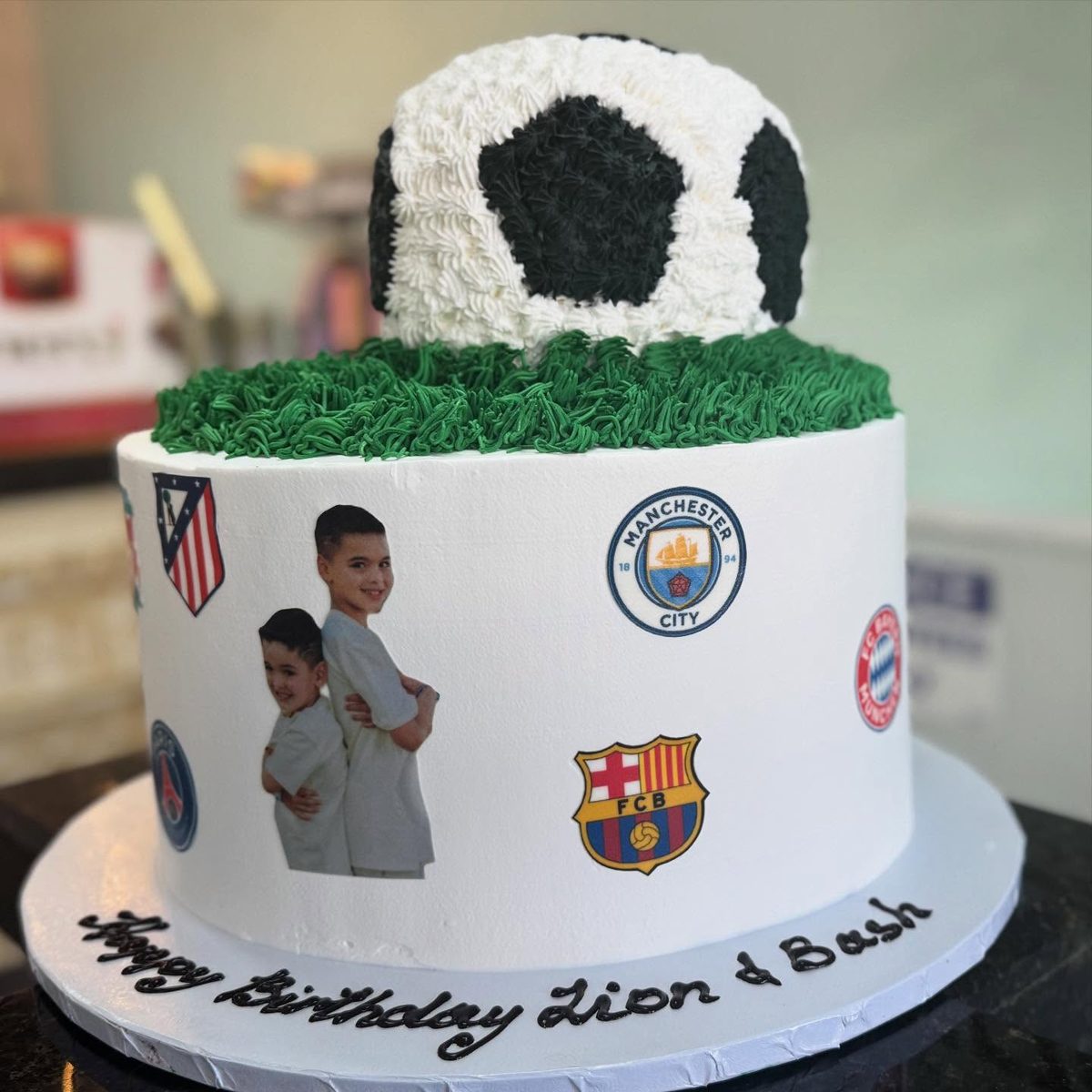 Soccer Ball Cake with Team Crests from Tarzana Bakery