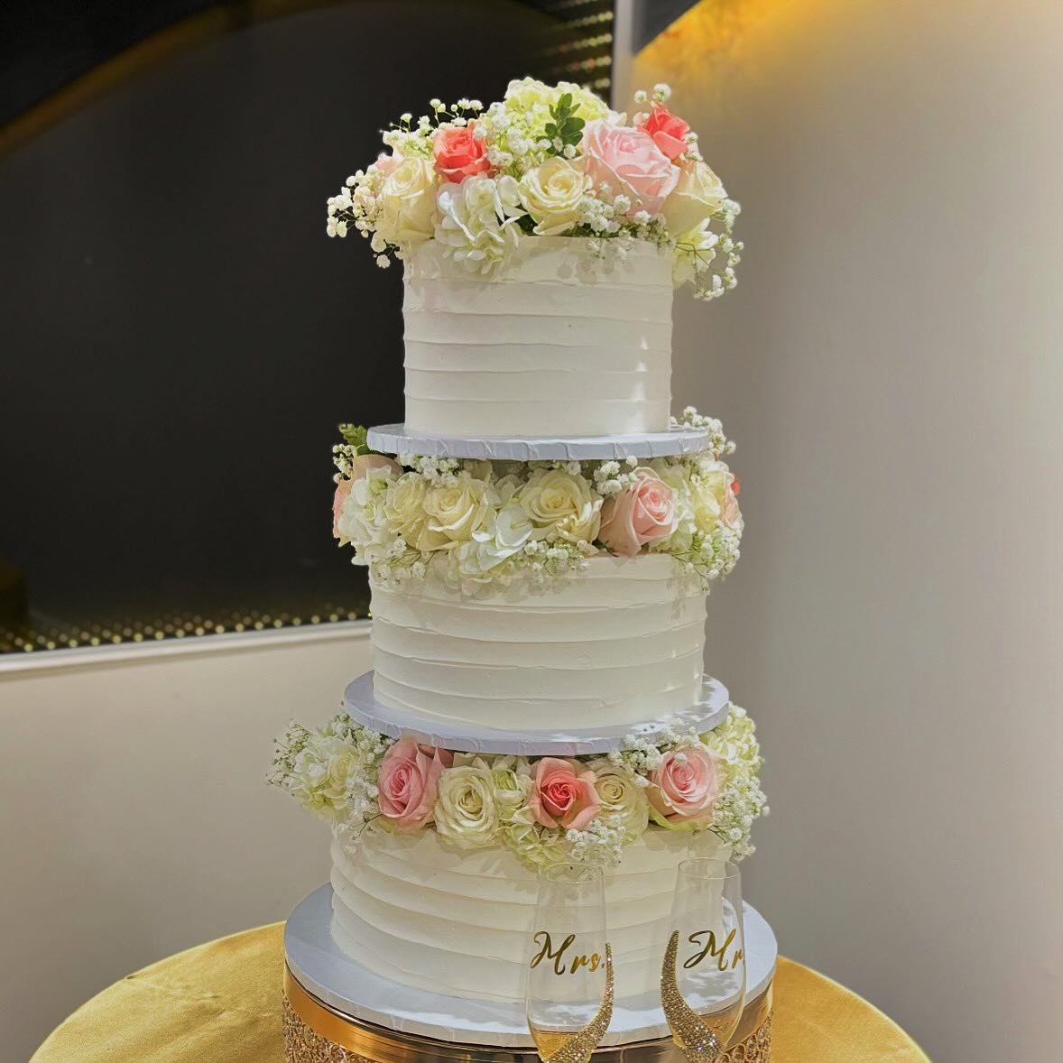 Three-Tier White Cake With Pink Roses from Tarzana Bakery