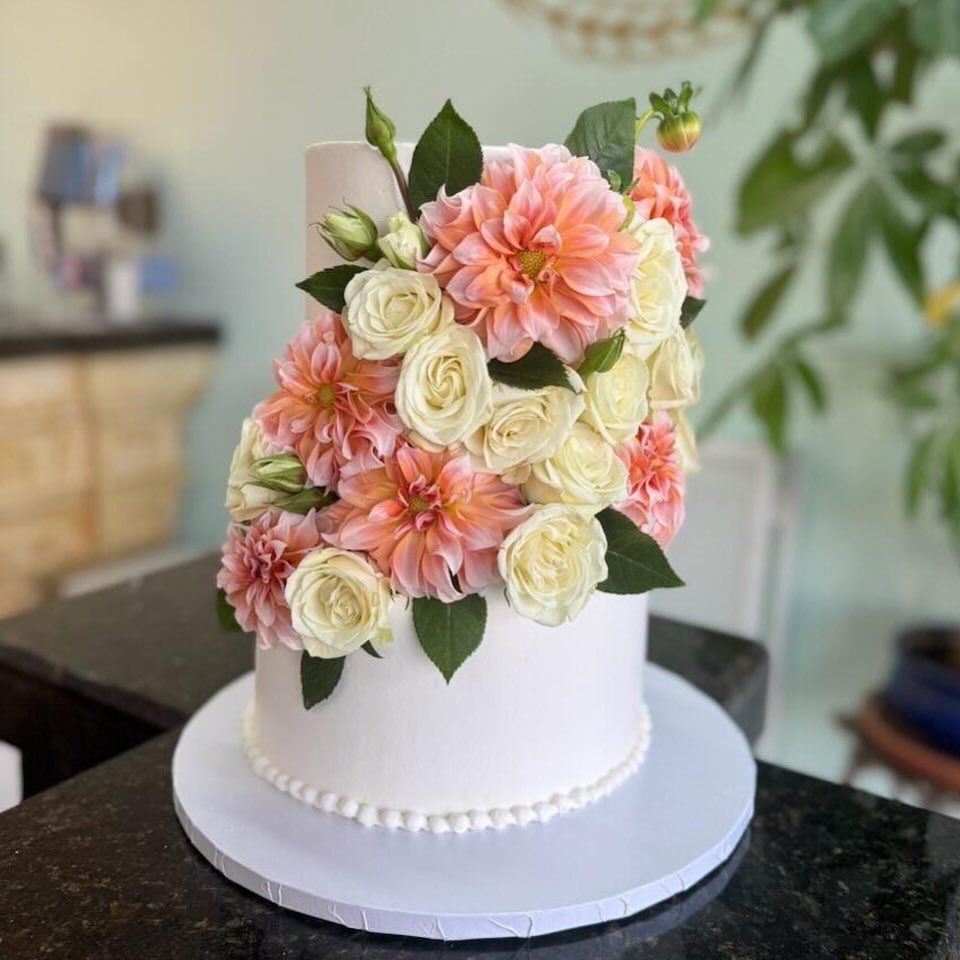 White Cake with Pink Floral Cascade from Tarzana Bakery