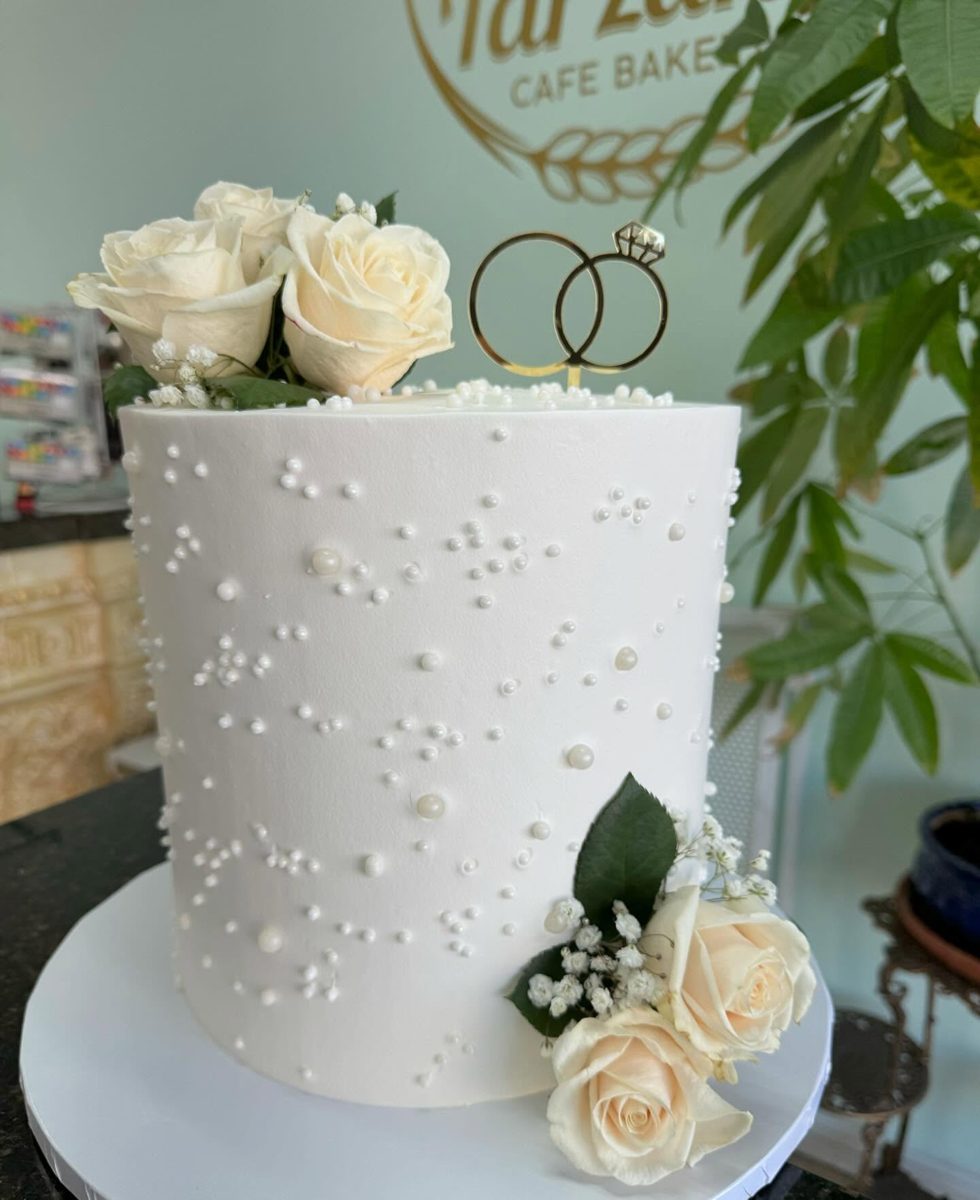 White Rose Cake With Ring Topper from Tarzana Bakery