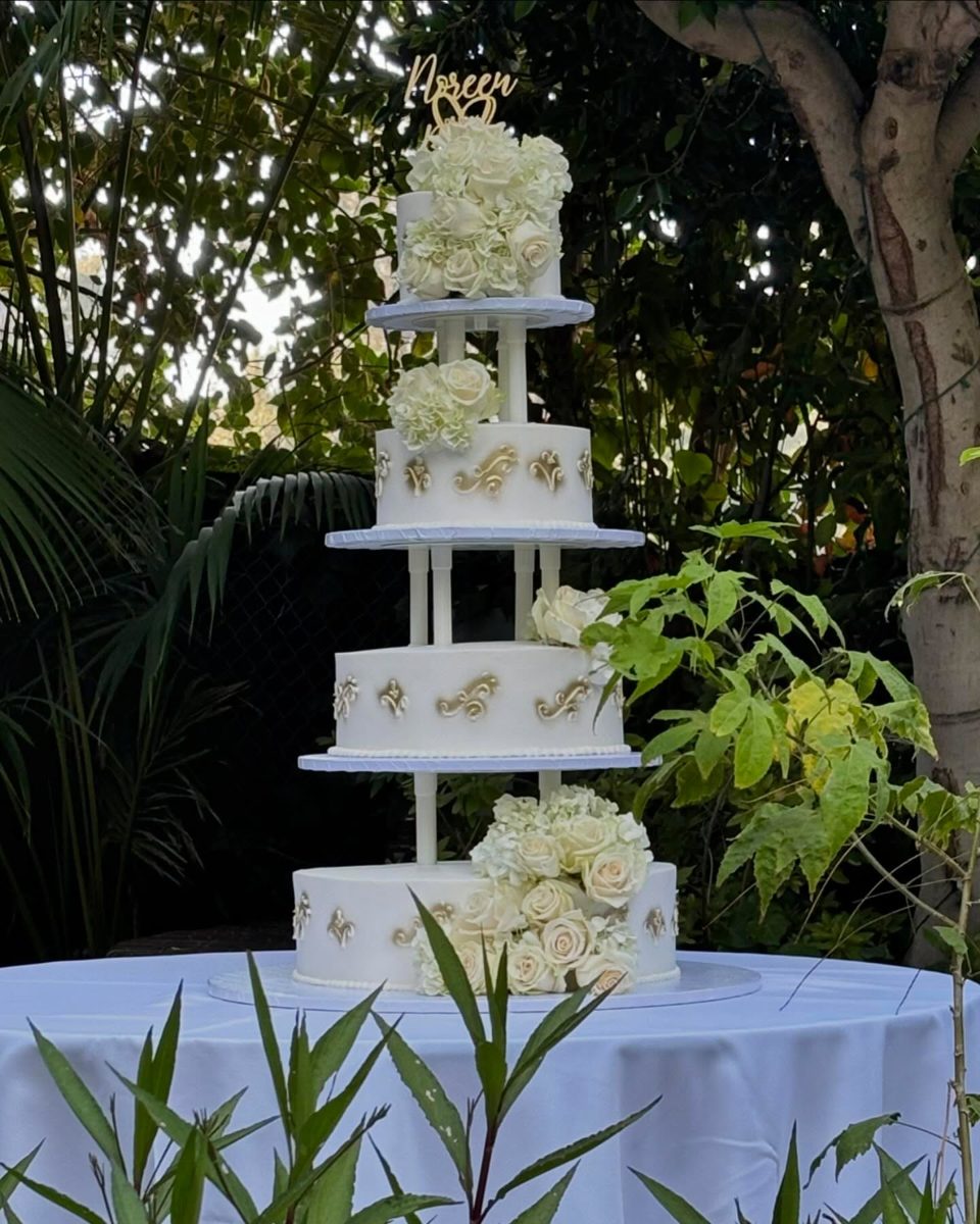 White Floral Cake With Gold Scrollwork from Tarzana Bakery