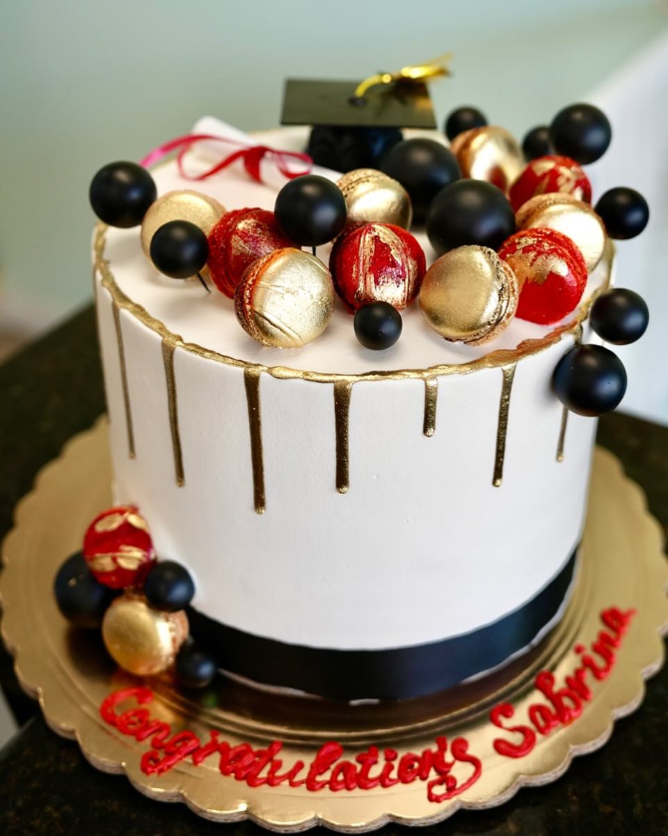 Graduation Cake With Gold Drips and Macarons from Tarzana Bakery