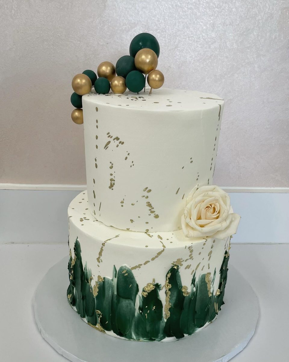 Green and Gold Two-Tier Rose Cake from Tarzana Bakery