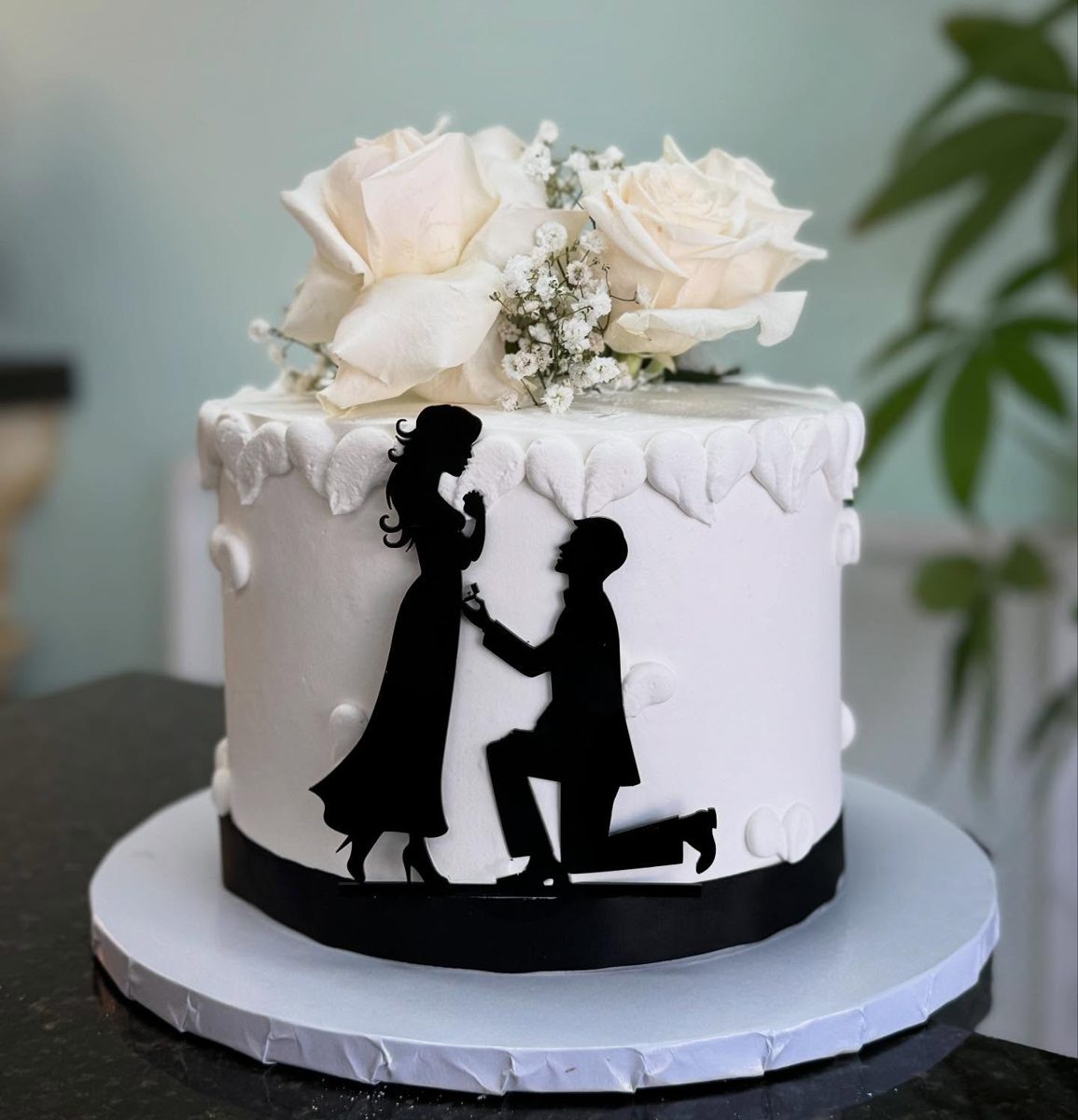 White Rose Cake With Proposal Silhouette from Tarzana Bakery