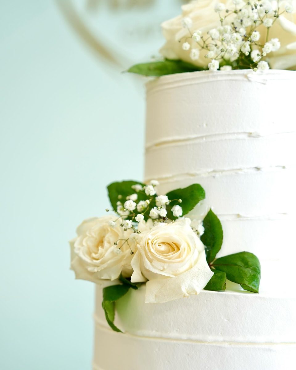 White Tiered Cake With Ivory Roses from Tarzana Bakery